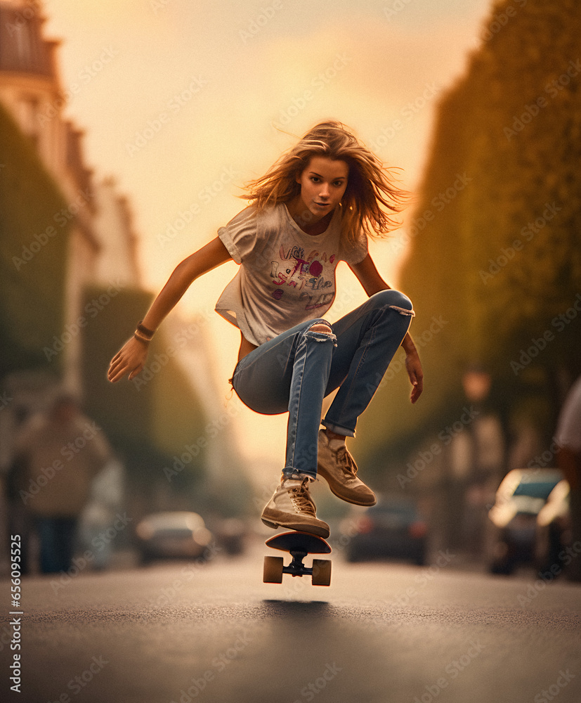 Young Woman Skateboarding on the Streets of Paris, generative ai - obrazy, fototapety, plakaty 