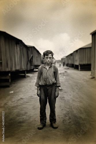 Vintage B&W Photo: Poor Boy Amidst the Great Depression. Generative AI.