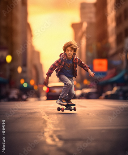Young Boy Skateboarding in NYC Street - Generative AI Artwork