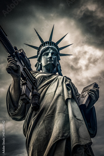 Statue of Liberty with Submachine Gun: Symbolizing America's Complex Relationship with Firearms and Freedom. Generative AI.