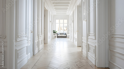 Foto dans un appartement parisien bourgeois, un long couloir blanc