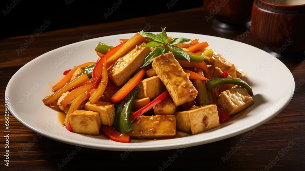 An artfully arranged plate of tofu stirfry awaits, featuring strips of firm tofu coated in a savory, aromatic sauce. The tofu is stirfried to perfection, maintaining its tender yet slightly An artfully arranged plate of tofu stirfry awaits, featuring strips of firm tofu coated in a savory, aromatic sauce. The tofu is stirfried to perfection, maintaining its tender yet slightly