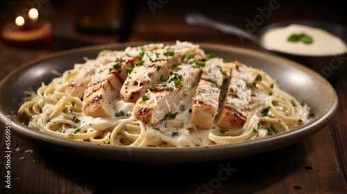 A photograph taken at eye level portrays a captivating dish  featuring tender allwhitemeat chicken immersed in a creamy  dreamy Alfredo sauce that embraces each strand of perfectly cooked