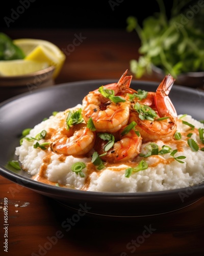 A fusion of culinary influences tender shrimp resting on a bed of smooth, Asianinspired coconut grits, complemented by a vibrant cilantro and lime garnish, creating a unique flavor profile.