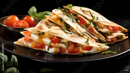 Indulge your taste buds with this tantalizing visual of a Margherita quesadilla. The tortilla, perfectly toasted to a golden hue, reveals a molten cheese filling that oozes out with each