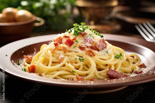 Overflowing with umami flavors, this spaghetti carbonara showcases the beauty of simplicity. The traditional combination of spaghetti, creamy eggs, and crisp pancetta results in a dish that