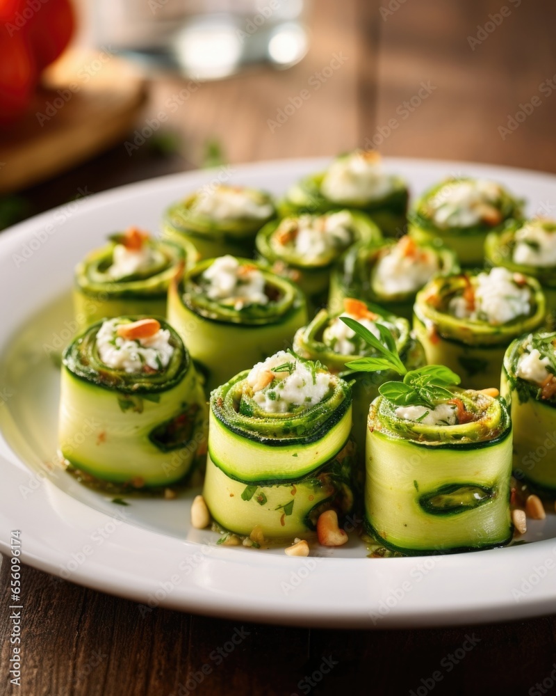 A beautifully presented shot of mini vegetable lasagna rolls, neatly arranged on a platter with toothpicks. Each roll showcases a delicate balance of flavors, featuring layers of bright