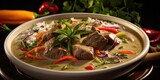 An appetizing closeup shot showcasing the delicate balance of flavors in Thai green curry, highlighting succulent slices of tender beef, vibrant bell peppers, and aromatic red chilies, immersed