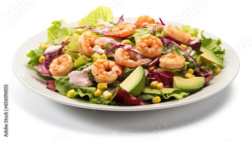 Dive into a delightful combination of mini shrimp and creamy chunks of avocado, entangled amidst a vibrant arrangement of baby romaine lettuce, vibrant radicchio leaves, and sweet corn kernels,