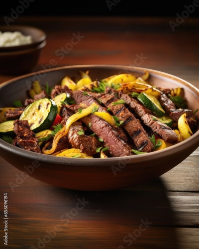 A mouthwatering bowl showcasing succulent beef fajita strips, paired with a medley of grilled zucchini, yellow squash, and red onions, providing a burst of grilled goodness in every bite.