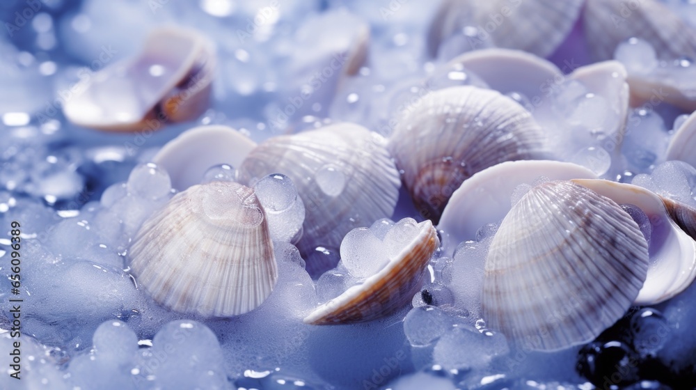 A visually striking photograph captures a of small clams resting on a bed of crushed ice, their elegantly curved shells glistening with droplets of water, hinting at their freshness. A visually striking photograph captures a of small clams resting on a bed of crushed ice, their elegantly curved shells glistening with droplets of water, hinting at their freshness.