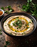 A minimalist shot of a bowl filled with creamy hummus, adorned with a sprinkle of vibrant cumin seeds, enticing the viewer to indulge in a Mediterraneaninspired appetizer that excites all