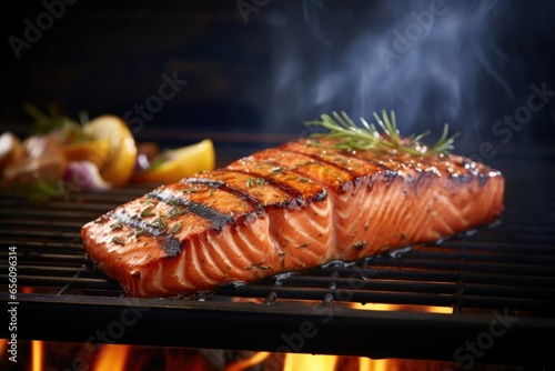 This shot focuses on a succulent slab of perfectly grilled salmon, coated with a zesty e rub that enhances the fishs natural flavors, creating a harmonious balance of tanginess and smokiness.