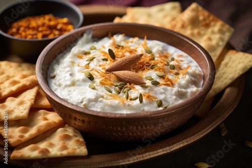 An enticing closeup shot that highlights a fragrant bowl of basmati rice, infused with aromatic es and speckled with whole cumin seeds, served alongside a creamy yogurtbased raita and a photo