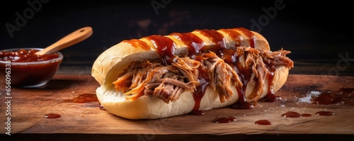 An artfully composed shot of a crusty bread roll, sliced open to reveal tender shreds of slowcooked pulled pork nestled inside, accompanied by a zesty homemade barbeque sauce.