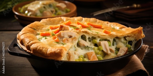 A rustic scene captures a generous portion of turkey pot pie, steam rising from the golden crust as it s through to reveal the hearty filling of succulent turkey, vegetables, and a creamy