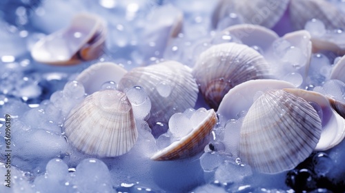 A visually striking photograph captures a of small clams resting on a bed of crushed ice, their elegantly curved shells glistening with droplets of water, hinting at their freshness.