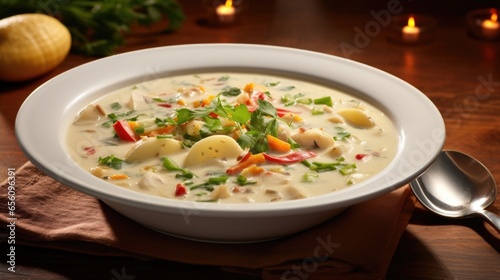 This captivating food shot presents a steamy bowl of clam chowder, where each clam harmoniously combines with the creamy broth and chunky vegetables to create a comforting and delightful