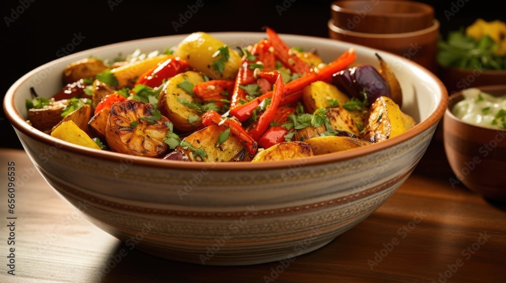 A vibrant shot of a bowl piled high with colorful roasted vegetables. The medley of crisp carrots, charred bell peppers, and tender baby potatoes is elevated with a touch of crushed cardamom A vibrant shot of a bowl piled high with colorful roasted vegetables. The medley of crisp carrots, charred bell peppers, and tender baby potatoes is elevated with a touch of crushed cardamom