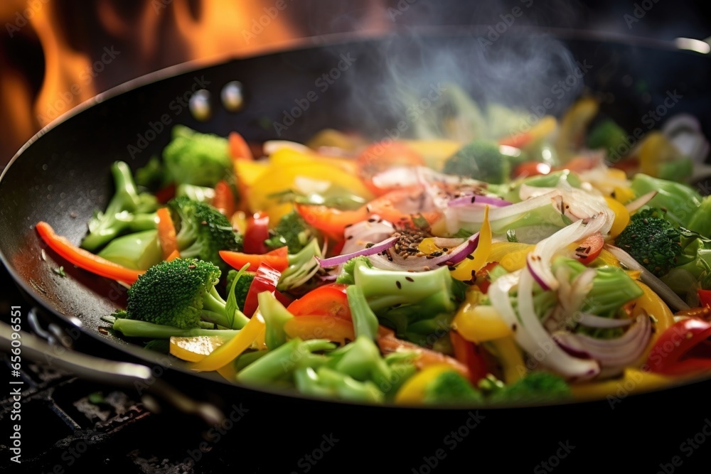 A burst of colors fill the frame as a mixed vegetable stirfry sizzles in a wok. Thinly sliced onions add a distinctive sweet yet peppery flavor, perfectly complementing the other vegetables A burst of colors fill the frame as a mixed vegetable stirfry sizzles in a wok. Thinly sliced onions add a distinctive sweet yet peppery flavor, perfectly complementing the other vegetables