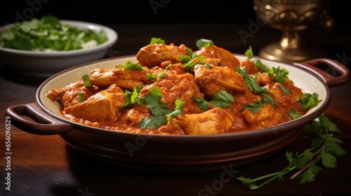 An enticing closeup of a classic Indian curry, showcasing tender pieces of chicken simmered in a fragrant tomatobased sauce, finished off with a garnish of freshly chopped coriander, accentuating