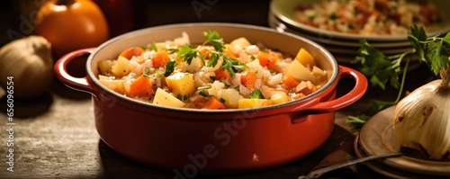 A cozy shot of a hearty onion and root vegetable stew simmering in a pot. The onions lend a subtle sweetness to the dish, while the carrots, pars, and potatoes create a comforting medley photo