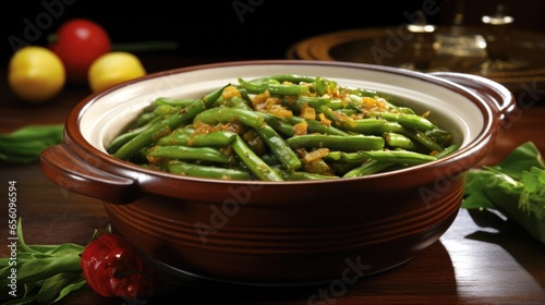 The image showcases a steaming bowl of tender green beans, simmered in a fragrant garlicinfused sauce, emanating an aroma that hints at the comforting flavors that await. photo