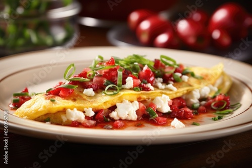 A feast for the senses, this omelette boasts a vibrant combination of roasted red peppers, crumbled goat cheese, and a sprinkle of fresh chives. The contrasting colors and textures create