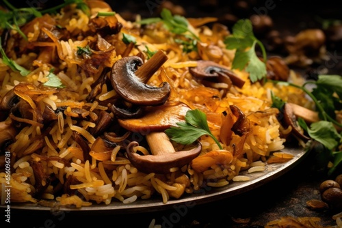 Macro closeup of a savory mushroom biryani, artfully capturing the earthy flavors of caramelized mushrooms, perfectly blended with aromatic rice, adorned with chopped cilantro and a sprinkling