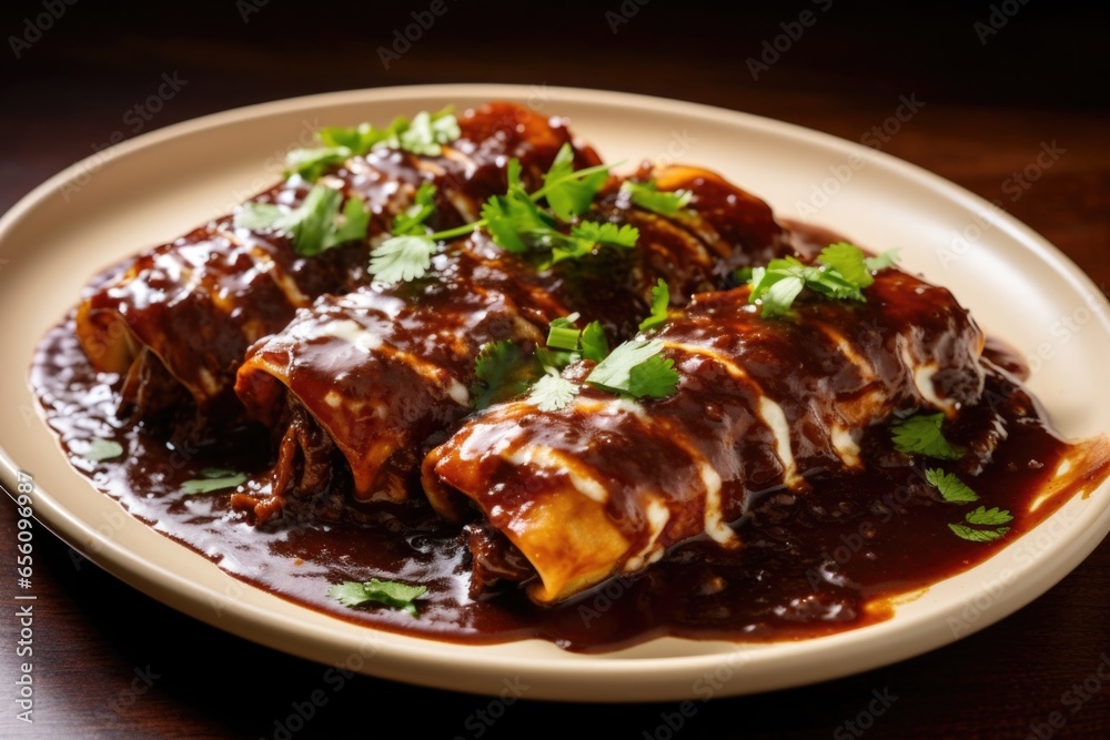 © Justlight - An appetizing snapshot of chicken enchiladas in mole sauce, showcasing tortillas filled with tender chicken , covered in a rich and velvety mole sauce made with a blend of dark chocolate, © Justlight - An appetizing snapshot of chicken enchiladas in mole sauce, showcasing tortillas filled with tender chicken , covered in a rich and velvety mole sauce made with a blend of dark chocolate,