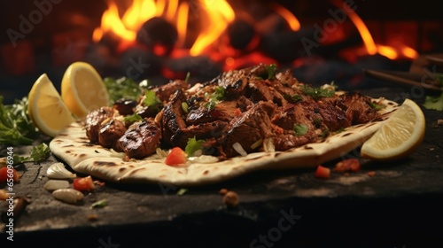 A closeup shot captures the details of a mouthwatering lamb shawarma, highlighting the smoky and charred exterior of the slowroasted meat. The tender slices are accented with a sprinkle photo