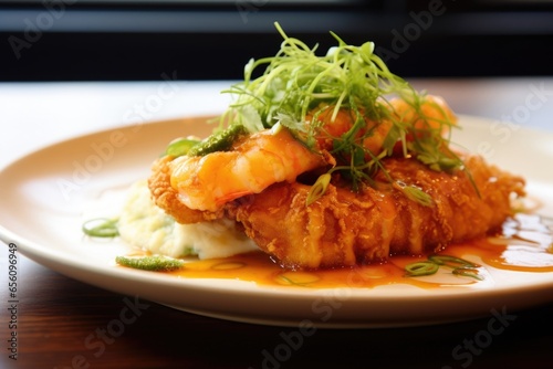 From above, the shot captures a tantalizing sight of perfectly fried shrimp katsu, elegantly arranged atop a bed of silky curry sauce. With its crispy exterior and succulent interior, the