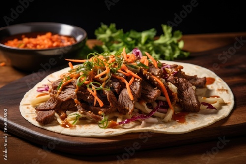 A tantalizing shot of a Koreaninspired beef taco that brings the bold, umamipacked flavors of the East to life. Thinly sliced beef bulgogi, marinated to perfection, rests upon a warm tortilla.