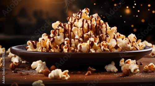 This mouthwatering snapshot showcases popcorn coated with a velvety smooth blend of Belgian milk chocolate, studded with crunchy almond pieces, providing a delectable combination of nuttiness photo