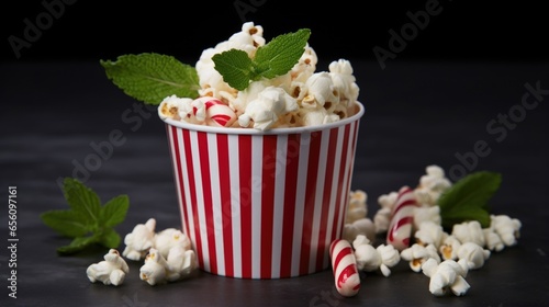 A visually appetizing image highlighting popcorn enveloped in a silky smooth blend of dark chocolate and crushed peppermint candy canes, offering a delightful marriage of rich cocoa and