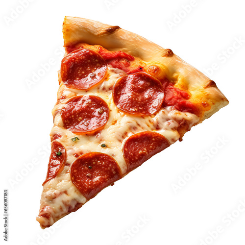 A hot pizza slice with dripping melted cheese. Isolated on white background.