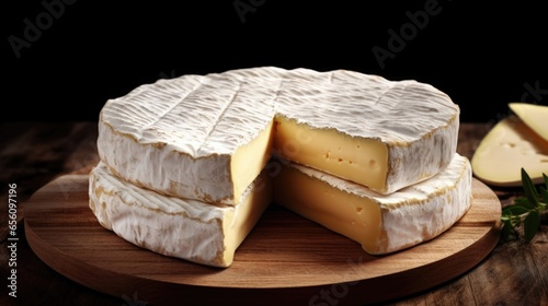 A wedge of soft, bloomy rind cheese entices the viewer with its ethereal, pure white exterior.  zooms in to capture the cheeses delicate texture, showcasing the softness that yields photo