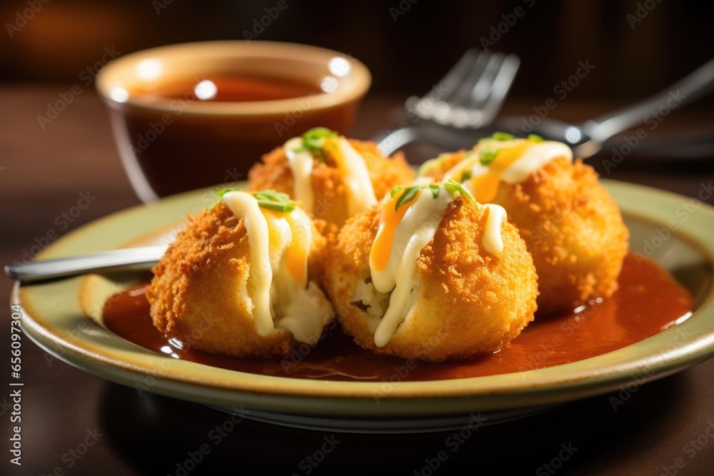 An artful representation of papa rellena, mashed potato balls stuffed with a savory mixture of ground meat, onions, and es, deepfried to a golden brown, and served with a zingy Huancayo An artful representation of papa rellena, mashed potato balls stuffed with a savory mixture of ground meat, onions, and es, deepfried to a golden brown, and served with a zingy Huancayo