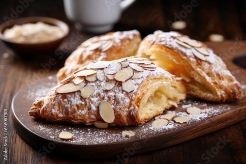 A tantalizing image of a delicate almond croissant, adorned with a sprinkling of sliced almonds and a dusting of powdered sugar, showcasing its delectable combination of ery croissant and