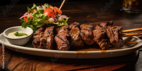 A mouthwatering portrayal of traditional Peruvian anticuchos skewers of succulent marinated meat, charred to perfection on a smoky grill, and served with a side of piquant huancaina sauce photo