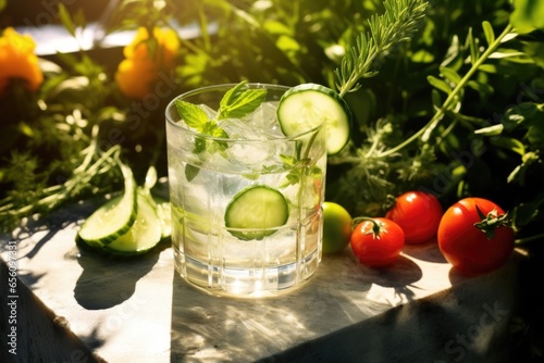 FarmtoGlass Celebrating the farmtotable movement, this shot features fresh and vibrant garden produce, such as crisp cucumber slices, fragrant basil leaves, and sweet cherry tomatoes, meticulously photo