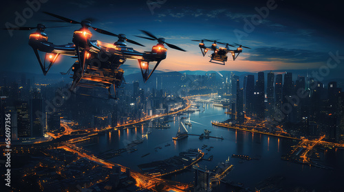 A modern surveillance drone flies in the sky above a large city at night. Creative concept of modern technology, air danger, robotization.