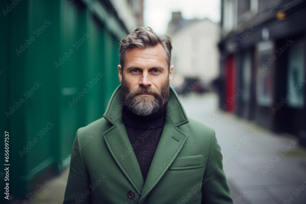 Portrait of a handsome bearded man in a green coat. Men's beauty, fashion. Portrait of a handsome bearded man in a green coat. Men's beauty, fashion.