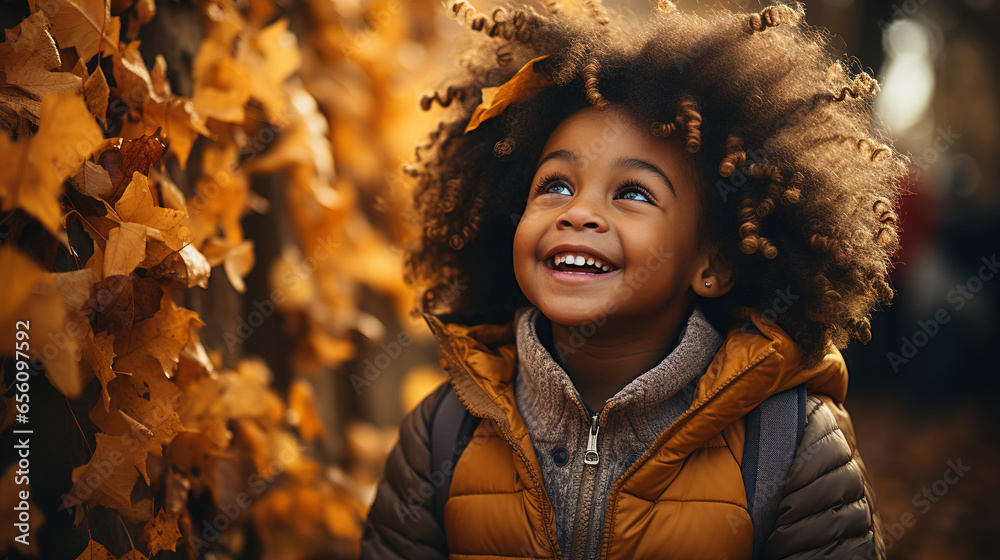 A little black boy happy on an autumn day. Ai generative - obrazy, fototapety, plakaty 
