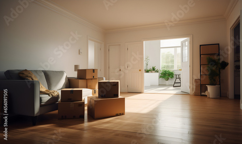 appartement en cours de déménagement avec des cartons et des affaires partout, espace vide au sol pour incrustation de texte