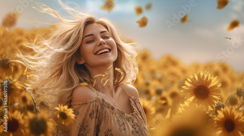 A beautiful woman walks in a sunflower field. Ai generative.