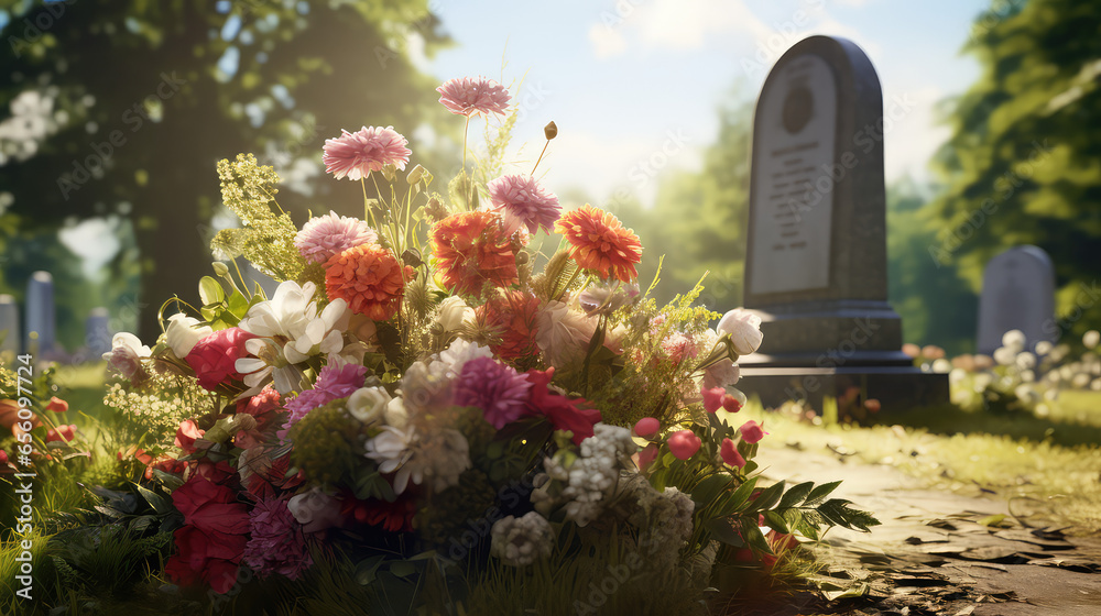 Cemetery, tombstone with flowers, sunny summer day, green grass. Bright memory, sadness, funeral and burial ceremony. - obrazy, fototapety, plakaty 