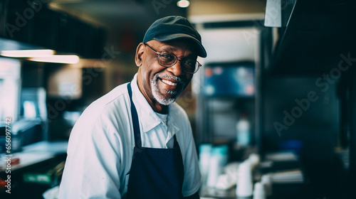 old black man working at a fast food shop