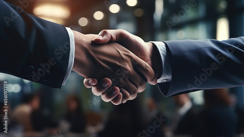 Two businessmen shake hands while making a deal. Ai generative.