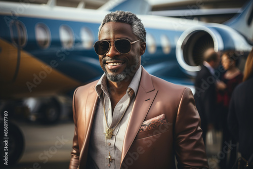 Rich handsome middle-aged businessman in front of a private jet. Ai generative. © dreamer82